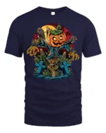 Halloween Scarecrow Pumpkin T-Shirt Creepy Graveyard - navy t-shirt on white background