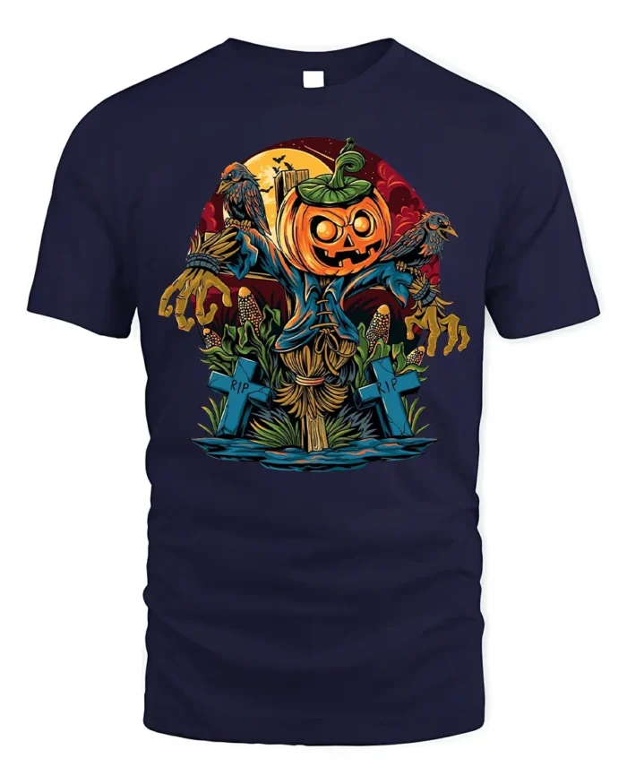 Halloween Scarecrow Pumpkin T-Shirt Creepy Graveyard - navy t-shirt on white background