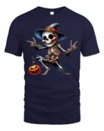 Halloween Dancing Skeleton T-Shirt Funny Pumpkin Hat - navy t-shirt on white background