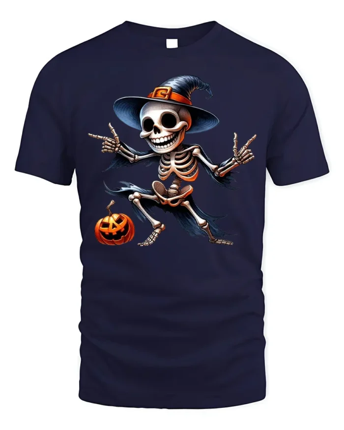 Halloween Dancing Skeleton T-Shirt Funny Pumpkin Hat - navy t-shirt on white background
