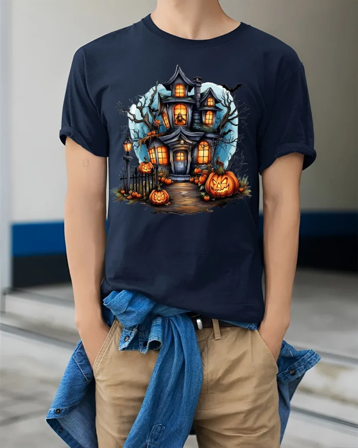 Halloween Haunted House T-Shirt with Pumpkin Path - model wearing navy shirt, hands in pockets