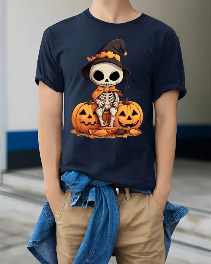 Halloween Cute Skeleton T-Shirt with Pumpkin Duo - model wearing navy shirt, hands in pockets
