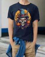 Halloween Skull Witch T-Shirt with Pumpkins and Moon - model wearing navy shirt, hands in pockets
