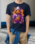 Halloween Pumpkin Hoodie T-Shirt Cool Spooky Style - model wearing navy shirt, hands in pockets