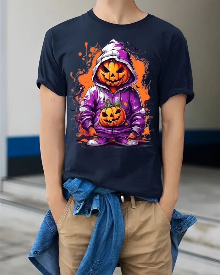 Halloween Pumpkin Hoodie T-Shirt Cool Spooky Style - model wearing navy shirt, hands in pockets