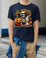 Halloween Skeleton T-Shirt Just Waiting Pumpkin Cup - model wearing navy shirt, hands in pockets