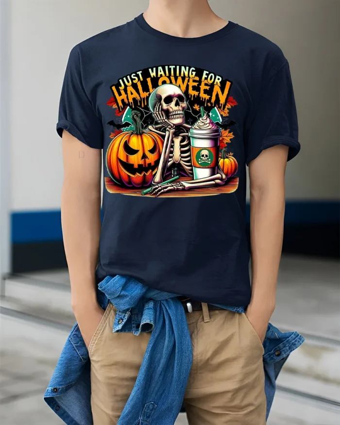 Halloween Skeleton T-Shirt Just Waiting Pumpkin Cup - model wearing navy shirt, hands in pockets