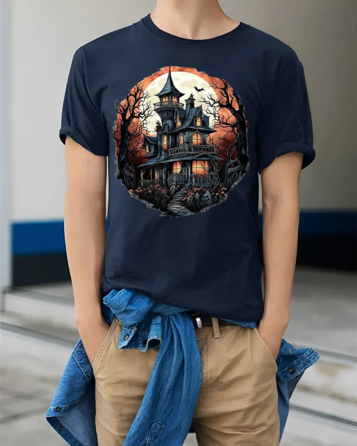 Halloween Haunted Mansion T-Shirt Spooky Moon Night - model wearing navy shirt, hands in pockets