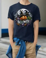 Halloween Pumpkin Witch T-Shirt Spooky Ghost Design - model wearing navy shirt, hands in pockets