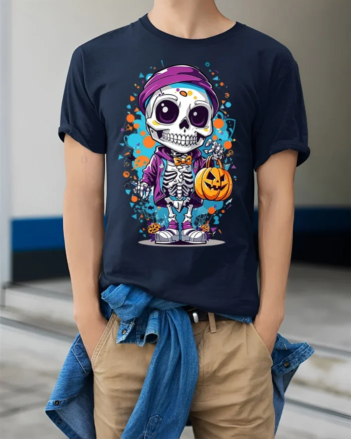 Halloween Cute Skeleton T-Shirt with Pumpkin Bag - model wearing navy shirt, hands in pockets