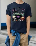 Halloween Skull Pumpkin Cauldron T-Shirt Creepy Fun - model wearing navy shirt, hands in pockets