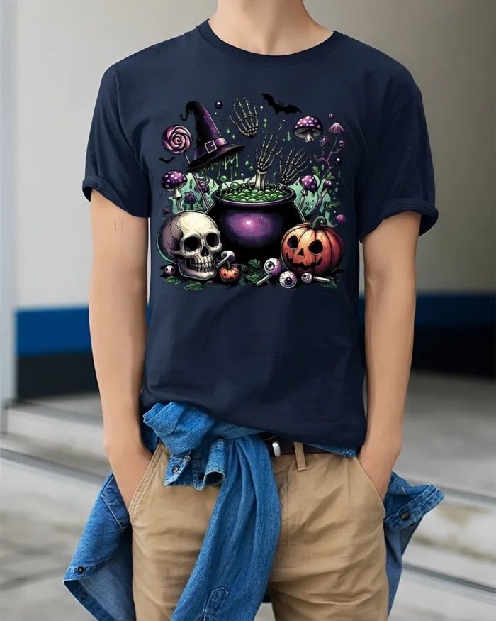 Halloween Skull Pumpkin Cauldron T-Shirt Creepy Fun - model wearing navy shirt, hands in pockets