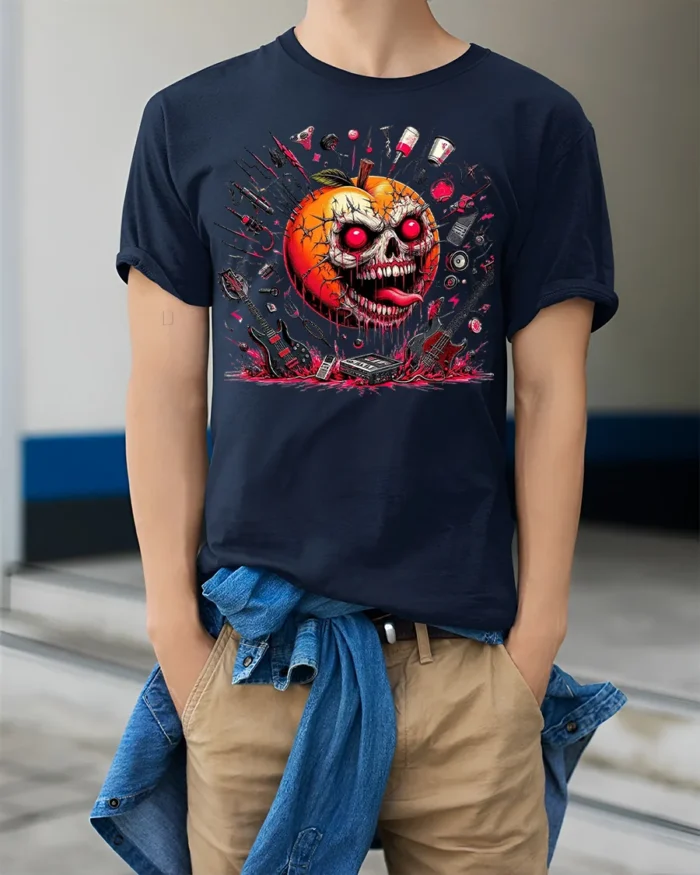 Halloween Evil Pumpkin Skull T-Shirt Horror Rock Style - model wearing navy shirt, hands in pockets