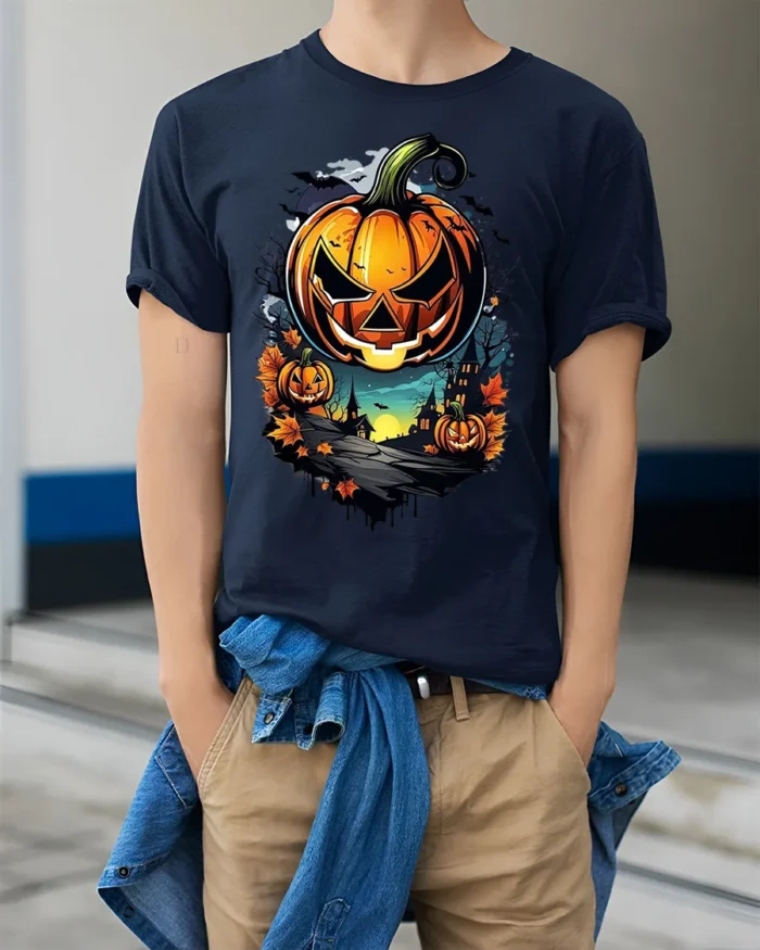 Halloween Jack O Lantern T-Shirt Haunted Night Scene - model wearing navy shirt, hands in pockets