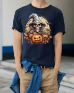 Halloween Grim Reaper Pumpkin T-Shirt Spooky Night - model wearing navy shirt, hands in pockets
