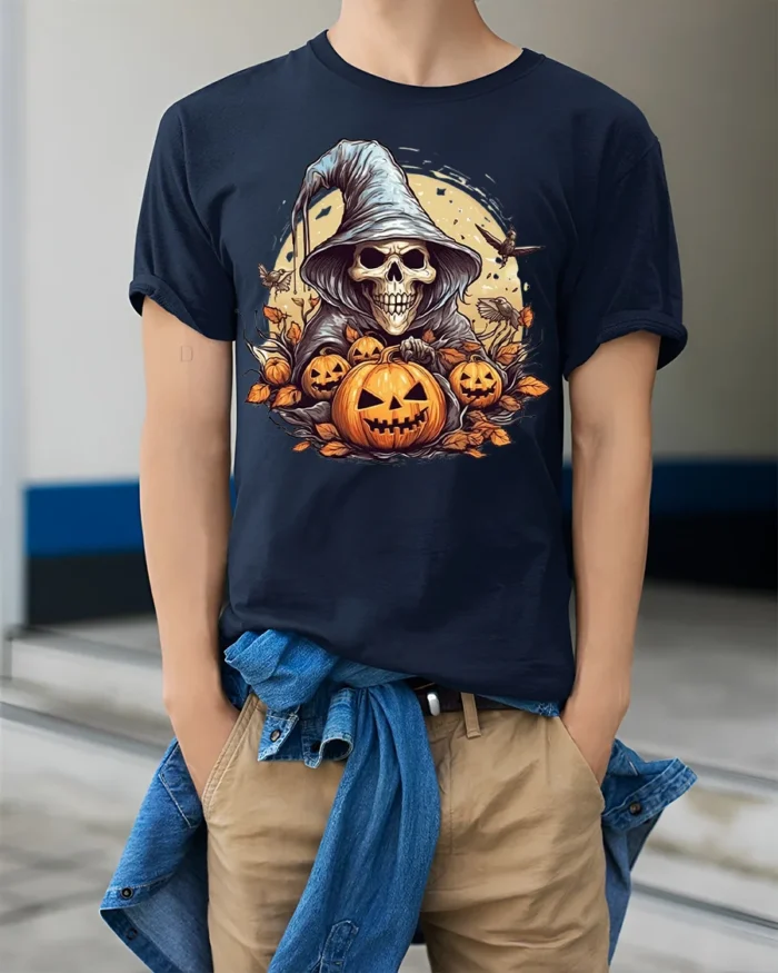 Halloween Grim Reaper Pumpkin T-Shirt Spooky Night - model wearing navy shirt, hands in pockets