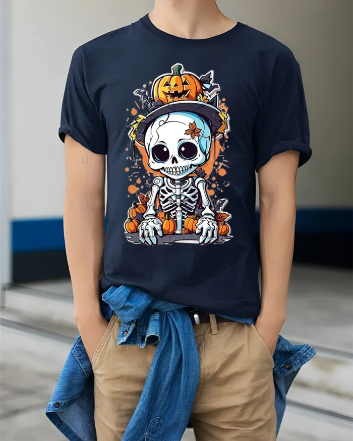 Halloween Cute Skeleton Pumpkin T-Shirt Spooky Fun - model wearing navy shirt, hands in pockets