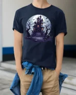 Halloween Haunted House T-Shirt Spooky Night Scene - model wearing navy shirt, hands in pockets