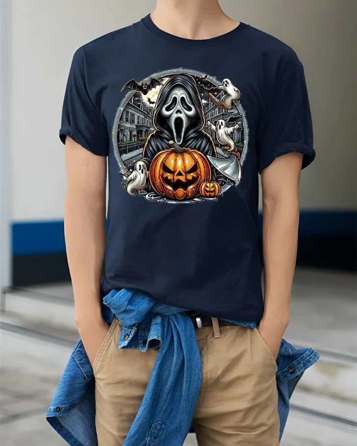 Halloween Ghost Face Pumpkin T-Shirt Scary Night - model wearing navy shirt, hands in pockets