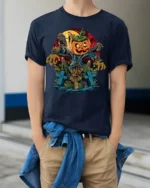 Halloween Scarecrow Pumpkin T-Shirt Creepy Graveyard - model wearing navy shirt, hands in pockets