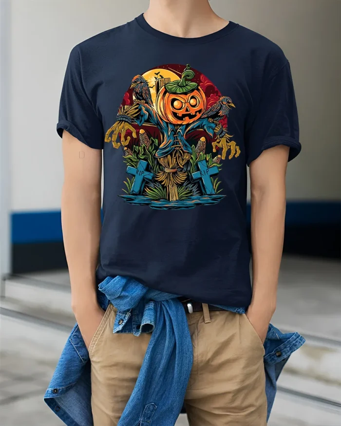 Halloween Scarecrow Pumpkin T-Shirt Creepy Graveyard - model wearing navy shirt, hands in pockets