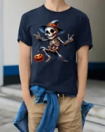 Halloween Dancing Skeleton T-Shirt Funny Pumpkin Hat - model wearing navy shirt, hands in pockets