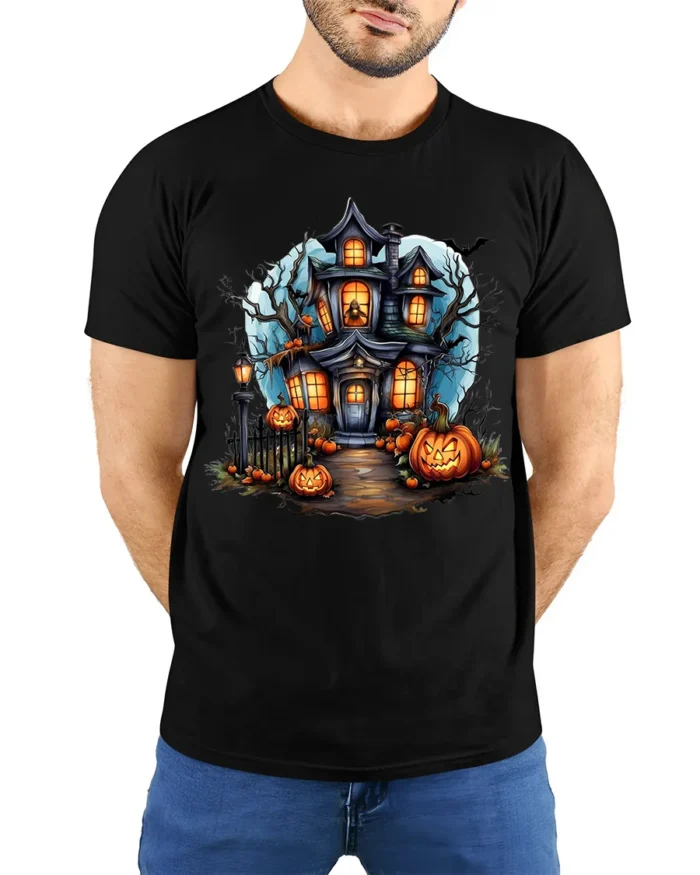 Halloween Haunted House T-Shirt with Pumpkin Path - model wearing black shirt, hands behind back