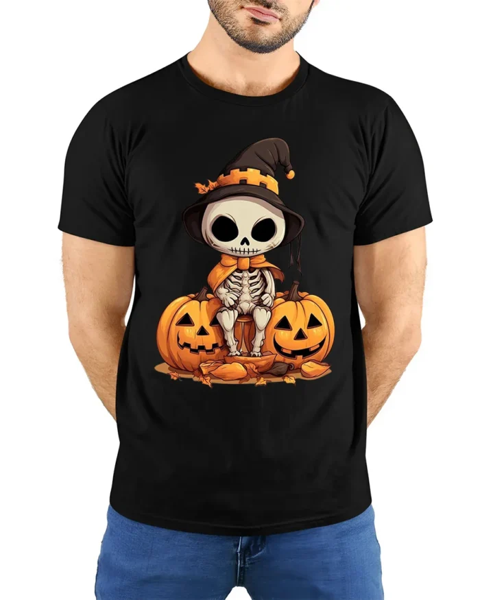 Halloween Cute Skeleton T-Shirt with Pumpkin Duo - model wearing black shirt, hands behind back