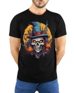 Halloween Skull Witch T-Shirt with Pumpkins and Moon - model wearing black shirt, hands behind back