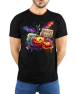 Halloween Spooky Season T-Shirt with Pumpkin Bat - model wearing black shirt, hands behind back