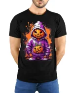Halloween Pumpkin Hoodie T-Shirt Cool Spooky Style - model wearing black shirt, hands behind back