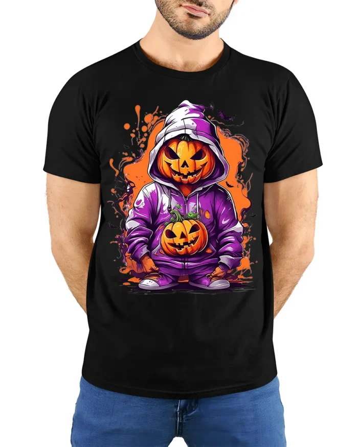 Halloween Pumpkin Hoodie T-Shirt Cool Spooky Style - model wearing black shirt, hands behind back