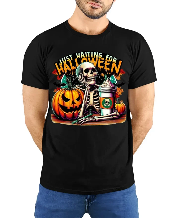 Halloween Skeleton T-Shirt Just Waiting Pumpkin Cup - model wearing black shirt, hands behind back