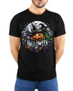 Halloween Pumpkin Witch T-Shirt Spooky Ghost Design - model wearing black shirt, hands behind back
