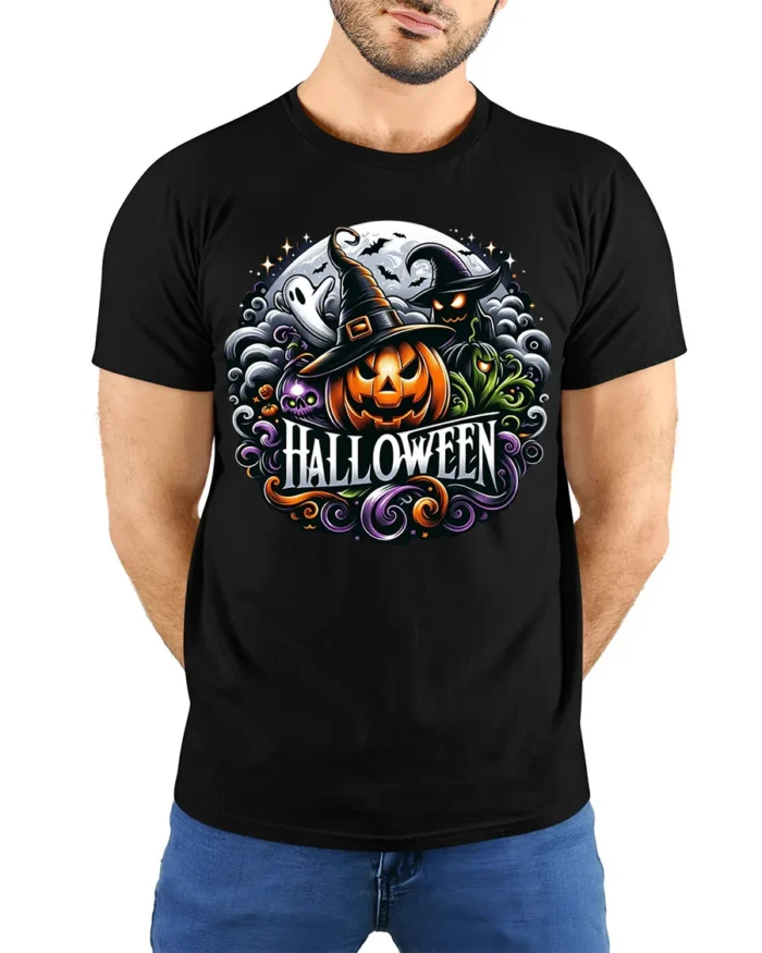 Halloween Pumpkin Witch T-Shirt Spooky Ghost Design - model wearing black shirt, hands behind back