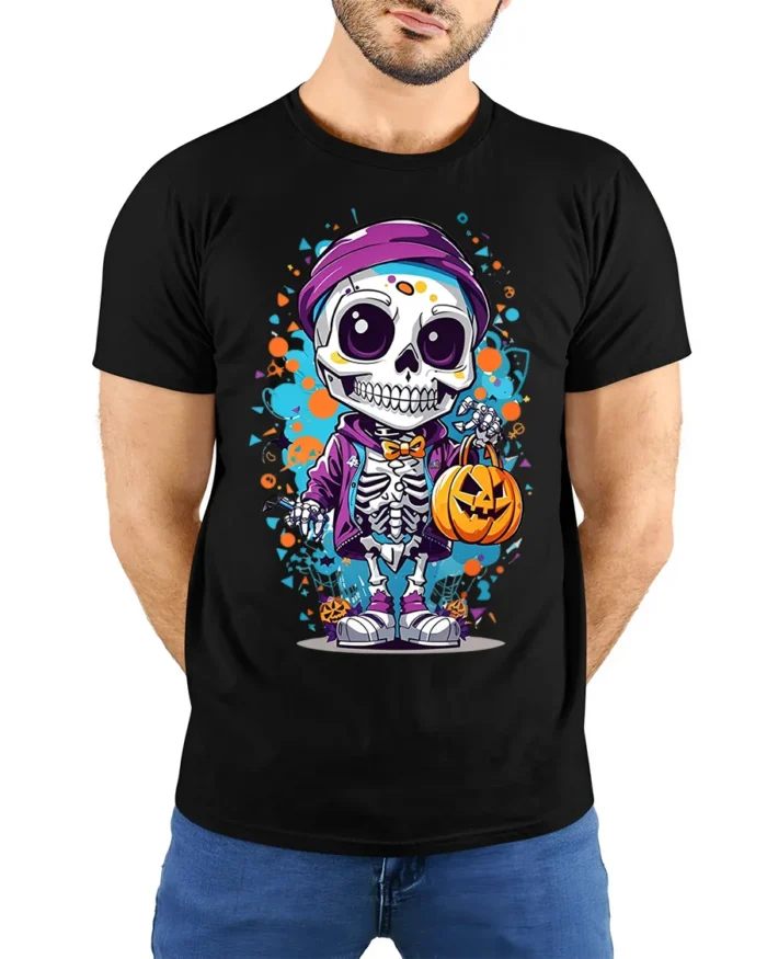 Halloween Cute Skeleton T-Shirt with Pumpkin Bag - model wearing black shirt, hands behind back