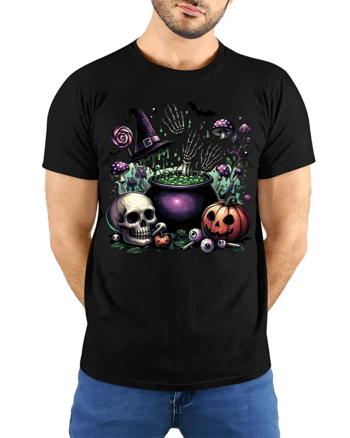 Halloween Skull Pumpkin Cauldron T-Shirt Creepy Fun - model wearing black shirt, hands behind back