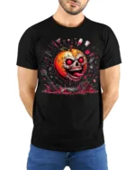 Halloween Evil Pumpkin Skull T-Shirt Horror Rock Style - model wearing black shirt, hands behind back