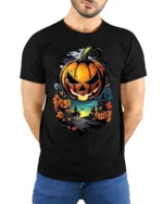 Halloween Jack O Lantern T-Shirt Haunted Night Scene - model wearing black shirt, hands behind back