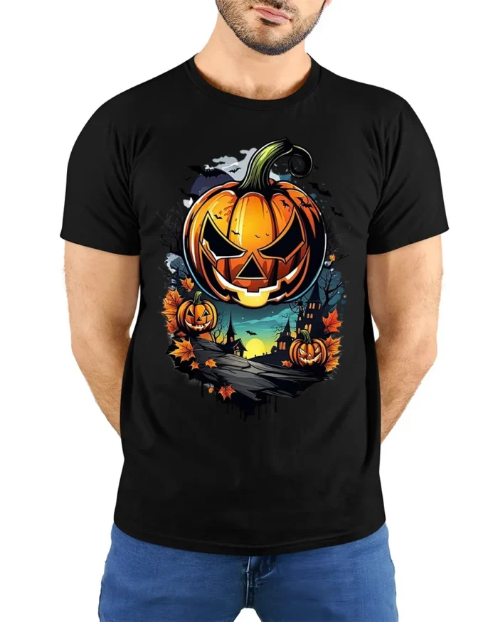 Halloween Jack O Lantern T-Shirt Haunted Night Scene - model wearing black shirt, hands behind back