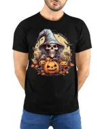 Halloween Grim Reaper Pumpkin T-Shirt Spooky Night - model wearing black shirt, hands behind back
