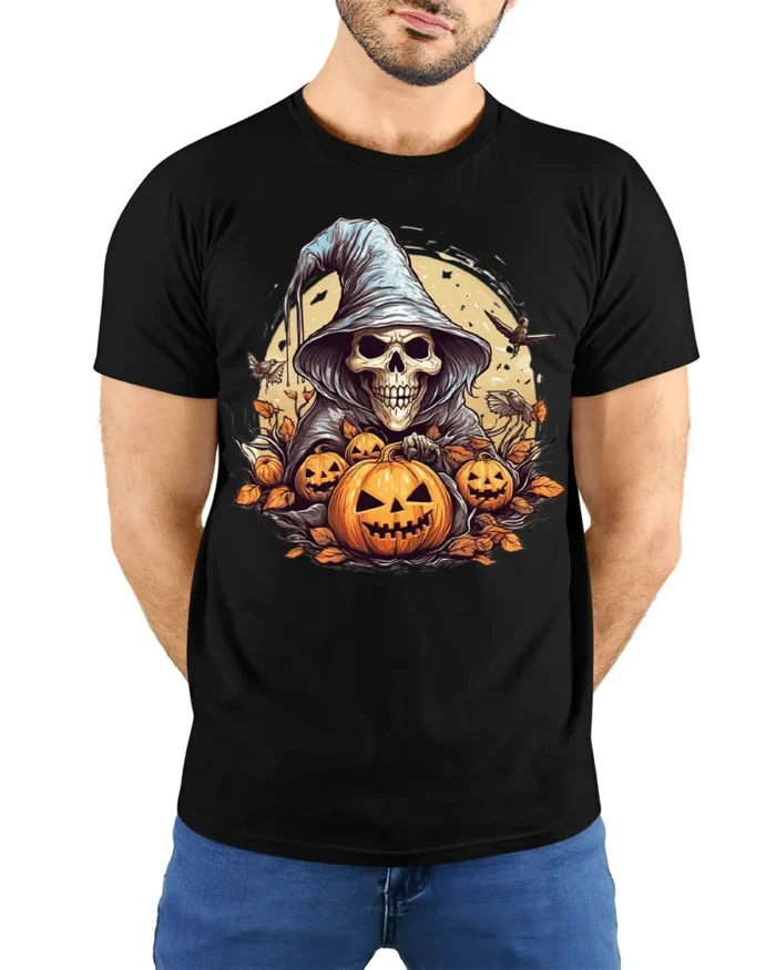 Halloween Grim Reaper Pumpkin T-Shirt Spooky Night - model wearing black shirt, hands behind back