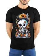 Halloween Cute Skeleton Pumpkin T-Shirt Spooky Fun - model wearing black shirt, hands behind back