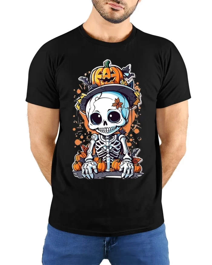Halloween Cute Skeleton Pumpkin T-Shirt Spooky Fun - model wearing black shirt, hands behind back