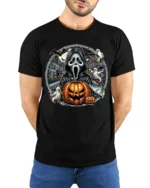 Halloween Ghost Face Pumpkin T-Shirt Scary Night - model wearing black shirt, hands behind back