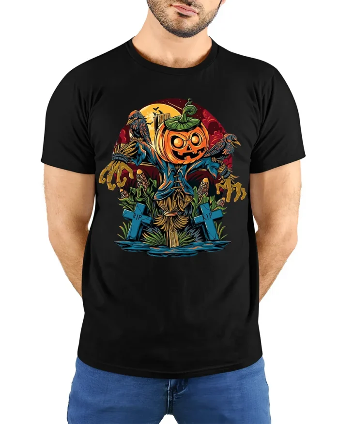 Halloween Scarecrow Pumpkin T-Shirt Creepy Graveyard - model wearing black shirt, hands behind back
