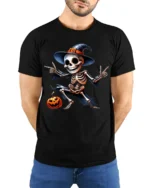 Halloween Dancing Skeleton T-Shirt Funny Pumpkin Hat - model wearing black shirt, hands behind back