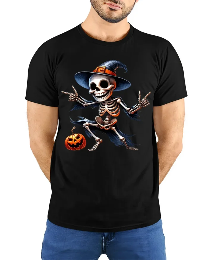 Halloween Dancing Skeleton T-Shirt Funny Pumpkin Hat - model wearing black shirt, hands behind back