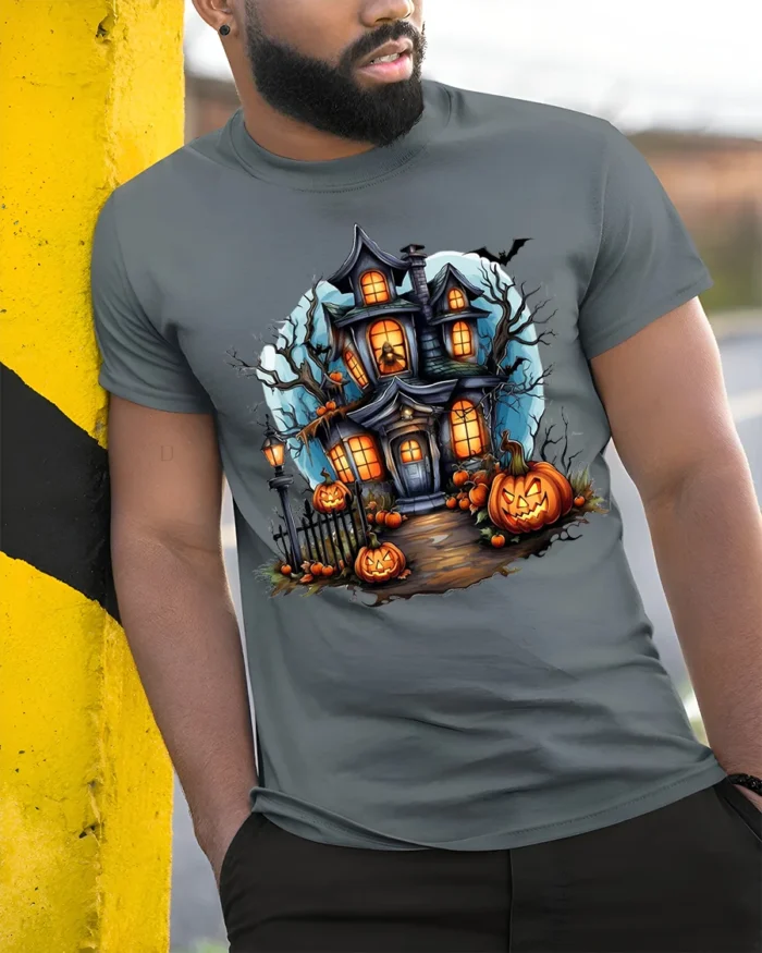 Halloween Haunted House T-Shirt with Pumpkin Path - model in grey shirt leaning against column