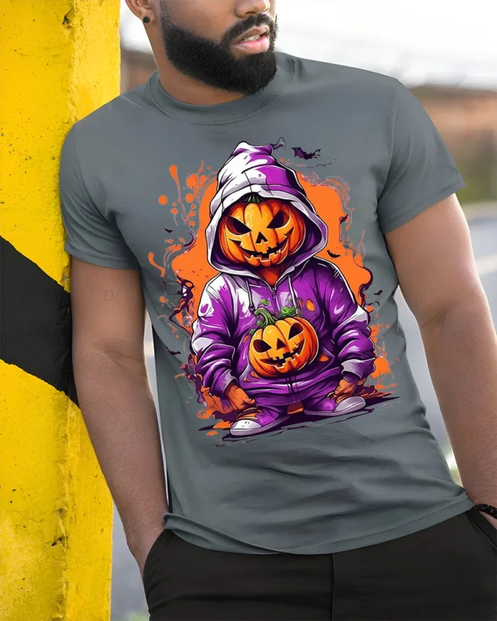 Halloween Pumpkin Hoodie T-Shirt Cool Spooky Style - model in grey shirt leaning against column